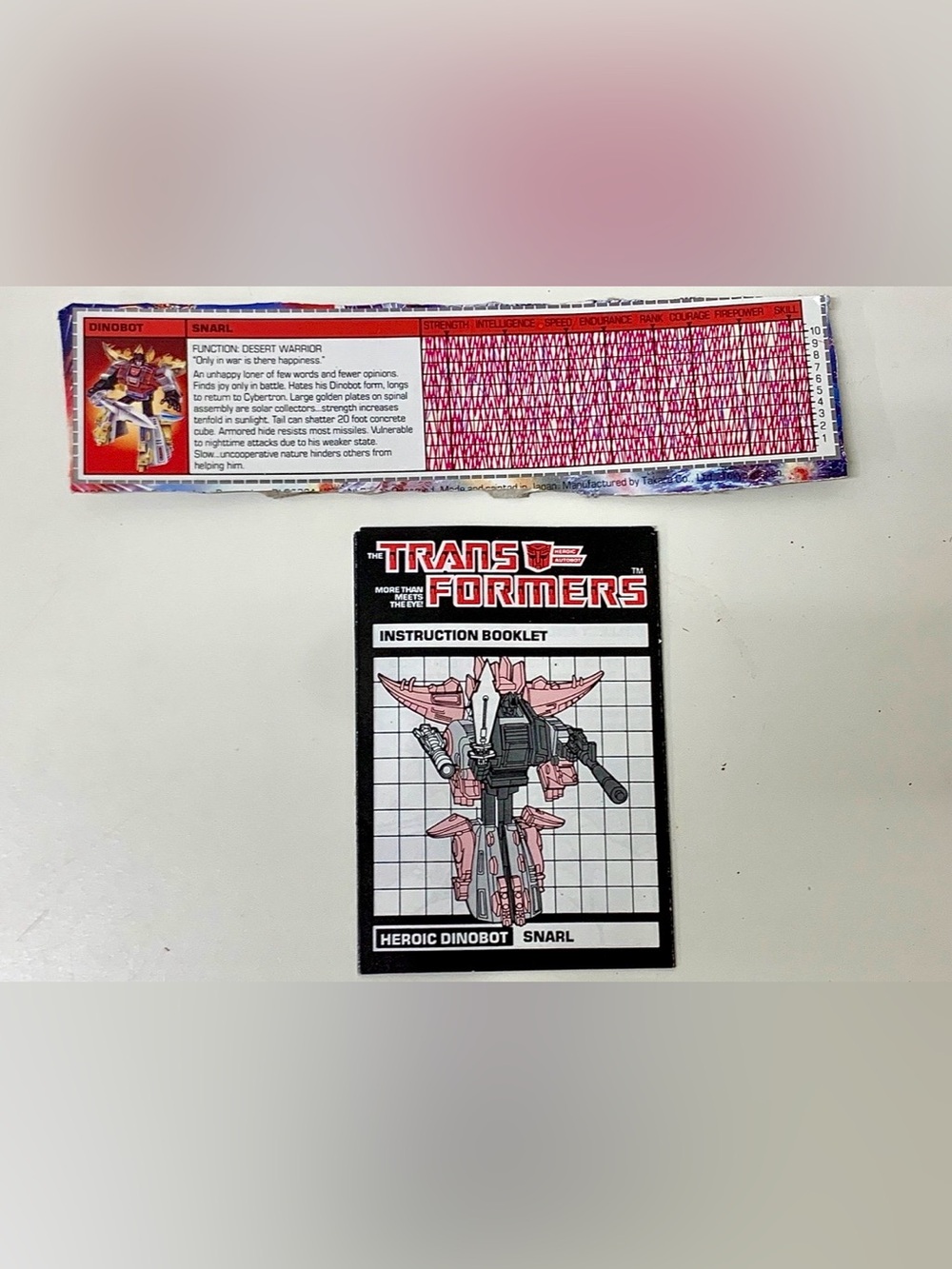 1985 Vintage Transformers G1 Dinobot Snarl Tech Stat Card & Instruction Manual